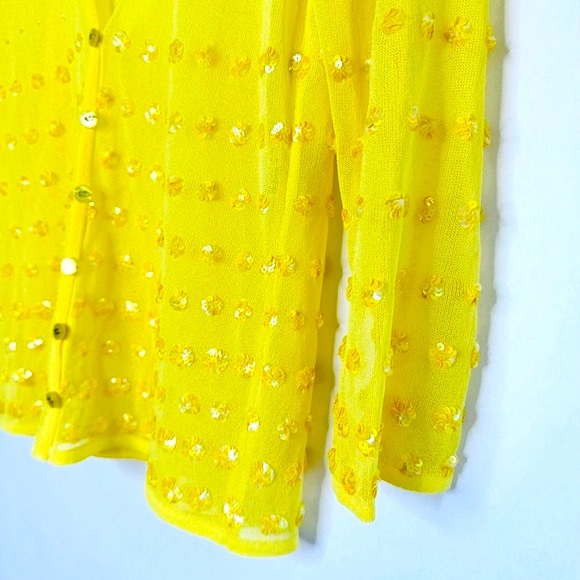 ESCADA Mesh Sequined Beaded Sheer Knit Bright Yellow Cardigan Sweater Size 38 - Picture 8 of 15